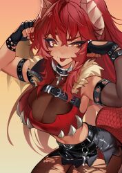 1girl absurdres black_gloves black_pantyhose black_skirt breasts chest_belt cleavage closed_mouth commentary dragon_girl dragon_horns dragon_tail english_commentary fingerless_gloves flexible gloves highres horns indie_virtual_youtuber large_breasts long_hair pantyhose red_hair red_tube_top skirt slit_pupils smile solo strapless suliavtuber tail tongue tongue_out torn_clothes torn_pantyhose tube_top very_long_hair virtual_youtuber yellow_eyes zentreya zentreya_(dragon) zentreya_(dragon)_(1st_costume)
