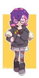 1girl artist_name black_boots black_hoodie black_shorts boots closed_eyes cosplay cuidi._.oy dot_(pokemon) eevee_backpack glasses grey_pantyhose hand_on_own_face highres hood hoodie multicolored_hair nintendo pantyhose penny_(pokemon) penny_(pokemon)_(cosplay) pink_hair poke_ball_print pokemon print_pantyhose purple_hair round_eyewear see-through_clothes see-through_skirt short_shorts shorts shorts_under_skirt simple_background skirt solo sweatdrop two-tone_hair