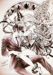1boy 1girl ahoge angel angel_wings asymmetrical_wings aya_carmine belt bird body_horror bone braid breasts cat cigarette clothes_down collared_shirt crow expressionless feathered_wings flower_wings formal_clothes greyscale halo highres hitomi_hirosuke_(sayonara_wo_oshiete) leaf_wings long_hair millipen_(medium) mismatched_wings monochrome necktie open_clothes open_mouth open_shirt pen_(medium) plant_wings pleated_skirt sayonara_wo_oshiete severed_head shirt shoes side_braids simple_background skirt small_breasts smile snake socks sugamo_mutsuki suit tendril tentacles traditional_media underbust uwabaki very_long_hair vest wings