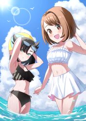 2girls :d :o absurdres armpits ball beachball bikini bikini_skirt bird black_bikini black_hair blue_sky brown_eyes brown_hair cloud day eyewear_on_head gloria_(pokemon) green_eyes highres holding holding_ball holding_beachball kazumi_yutaka looking_at_viewer marnie_(pokemon) multiple_girls navel nintendo ocean open_mouth outdoors parted_lips pokemon pokemon_swsh short_hair sky smile stomach sunglasses swimsuit twintails wading water white_bikini