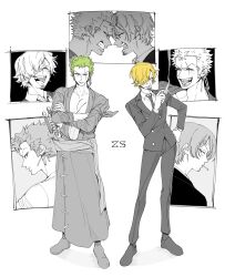 Rule 34 | 2boys, absurdres, bandana around arm, blonde hair, cigarette, clenched teeth, commentary, crossed arms, curly eyebrows, earrings, facial hair, formal clothes, full body, goatee, green hair, hair over one eye, highres, japanese clothes, jewelry, kimono, male focus, multiple boys, multiple views, one piece, roronoa zoro, sanji (one piece), sash, short hair, spot color, stitched torso, stitches, suit, teeth, tm one, v-shaped eyebrows