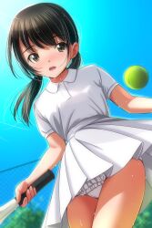 1girl ball black_hair blush brown_eyes chain-link_fence fence frilled_panties frills highres holding holding_racket light_rays long_hair looking_at_viewer lowres matsunaga_kouyou open_mouth original panties racket shirt short_sleeves skirt sky smile sportswear standing sun sunbeam sunlight sweat teeth tennis tennis_ball tennis_racket tennis_uniform tree twintails underwear white_panties white_shirt white_skirt wind wind_lift