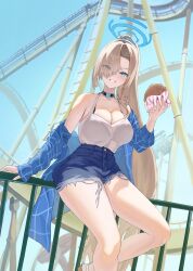 1girl absurdres alternate_costume alternate_hairstyle asuna_(blue_archive) asymmetrical_bangs blue_archive blue_eyes blue_halo blue_jacket bra_visible_through_clothes breasts camisole casual denim denim_shorts food hair_over_one_eye halo highres holding holding_food jacket long_hair mole mole_on_breast nail_polish open_clothes open_jacket ponytail roller_coaster sasha0129 see-through_clothes short_shorts shorts sitting smile white_camisole