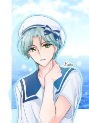 Rule 34 | 1boy, bare arms, blue sailor collar, cloud, cloudy sky, dress, earrings, green eyes, green hair, hands on own neck, hat, hat ribbon, hibiki kaito, highres, hoop earrings, idol, jewelry, kimi to idol precure, manekineko5319, mature male, ocean, parted bangs, precure, ribbon, sailor, sailor collar, sailor dress, sailor hat, sailor shirt, shirt, short hair, short sleeves, sky, solo, solo focus, upper body, white hat