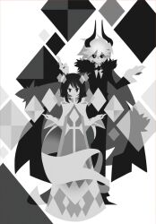 1boy 1girl black_cape black_eyes black_footwear black_hair black_pants black_sclera black_suit cape colored_sclera colored_skin demon_boy demon_horns dress etihw_(funamusea) flat_color formal_clothes funamusea fur-trimmed_cape fur_trim grey_cape grey_dress haiiro_teien horns kaku_sugar kcalb_(funamusea) pants short_hair suit white_background white_eyes white_hair white_skin