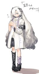 Rule 34 | 1girl, absurdres, asymmetrical footwear, asymmetrical sleeves, black shorts, boots, cevio, coat, donut, eating, food, hair extensions, hair ornament, hair over one eye, high collar, highres, kamitsubaki studio, knee boots, long hair, long sleeves, purple socks, sekai (cevio), shorts, single knee boot, socks, solo, translated, very long hair, white background, white coat, white hair, yzkmoq 00