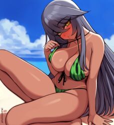 1girl arm_support barefoot beach bikini bikini_tan bikini_top_pull black_hair blush breasts cleavage cloud collarbone criss-cross_halter dark_skin food_print fruit_print green_bikini halterneck kuroonehalf large_breasts long_hair looking_at_viewer navel ocean original parted_lips print_bikini sand sitting sky swimsuit tan tanline water watermelon_print yellow_eyes
