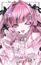 1girl absurdres black_ribbon bow drowsyww hair_bow hair_intakes hair_ornament heart heart_hair_ornament highres long_hair long_sleeves looking_at_viewer multicolored_hair nail_art nail_polish open_mouth original pink_eyes pink_hair pink_nails ribbon solo tongue tongue_out