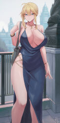1girl absurdres ahoge alternate_costume artoria_pendragon_(fate) artoria_pendragon_(lancer)_(fate) bag bare_shoulders blonde_hair blue_dress bracelet collarbone commentary cross cross_earrings cross_necklace dress earrings english_commentary fate/grand_order fate_(series) green_eyes halterneck highleg highleg_dress highres jewelry kakeku long_hair looking_at_viewer necklace outdoors paid_reward_available plunging_neckline shoulder_bag side_slit sidelocks smile solo spaghetti_strap standing variant_set wide_hips