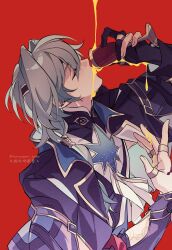 1boy anaxa_(honkai:_star_rail) aqua_hair black_jacket closed_eyes drinking_blood hand_up highres honkai:_star_rail honkai_(series) jacket male_focus medium_hair red_background rongyuan_gulu side_ponytail simple_background solo twitter_username upper_body watermark yellow_blood