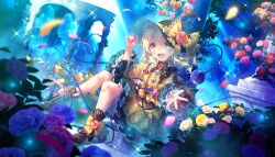 Rule 34 | 1girl, adapted costume, black hat, blurry, bow, buttons, commentary, depth of field, diamond button, english commentary, eyeball, falling petals, floral print, flower, flower request, green hair, green skirt, hat, hat bow, highres, komeiji koishi, long sleeves, looking at viewer, official art, open mouth, petals, pink flower, print skirt, purple flower, red flower, rose print, second-party source, shirt, skirt, smile, solo, sparkle, third eye, touhou, touhou danmaku kagura, toutenkou, wide sleeves, yellow bow, yellow flower, yellow shirt