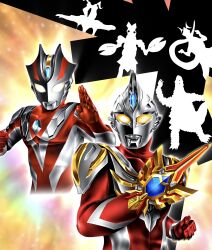 2boys alien arm_guards armor baltan_seijin blue_gemstone breastplate clenched_hand collarbone color_timer colored_skin colorful_background commentary compound_eyes cropped_torso dorsal_fin eleking fighting_stance gem glowing glowing_eyes gradient_eyes hands_up hanejidyna86 highres kaiju light_particles looking_at_viewer looking_down male_focus max_galaxy max_spark monster multicolored_eyes multicolored_skin multiple_boys pectorals rainbow_background red_king_(ultra_series) red_skin shoulder_armor shoulder_pads silhouette silver_skin tokusatsu toned toned_male two-tone_skin ultra_series ultraman_max ultraman_max_(series) ultraman_xenon upper_body weapon white_eyes wrinkled_skin yellow_background yellow_eyes zetton