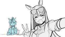 2girls :d animal_ears closed_eyes cyan_(horse_race_tests) eyewear_on_head food highres horse_ears horse_girl horse_race_tests mir_(miryumiya) multiple_girls open_mouth parfait personification ponytail selfie smile sunglasses superstitional_realism
