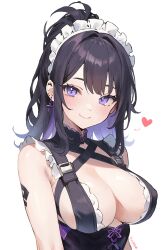 1girl artist_name black_hair breasts cleavage colored_inner_hair covered_erect_nipples earrings frills heart highres jewelry large_breasts looking_at_viewer maid_headdress medium_hair multicolored_hair original ponytail purple_eyes purple_hair simple_background sleeveless smile tattoo white_background y_uunaa