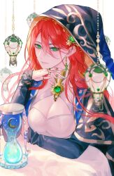Rule 34 | 1girl, arm rest, black cape, black hat, black jacket, blurry, bracelet, breasts, brooch, cape, cleavage, cleavage cutout, closed mouth, clothing cutout, collarbone, commentary, crescent, depth of field, dress, earrings, expressionless, gem, green eyes, green gemstone, green nails, hair behind ear, hair between eyes, hair ornament, hairband, halter dress, halterneck, hanging light, hashtag-only commentary, hat, head on hand, head rest, hourglass, jacket, jewelry, light bulb, long hair, long sleeves, looking at viewer, medium hair, mole, mole under eye, multiple rings, nail polish, open clothes, open jacket, original, ring, sleeves past wrists, solo, table, tablecloth, tanling, upper body, white dress, witch hat