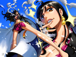 Rule 34 | bare legs, black hair, borudbrian, breasts, brown eyes, cape, cigarette, cleavage, crop top, curvy, earrings, jewelry, large breasts, long hair, miniskirt, one piece, shakuyaku (one piece), skirt, smile, smoking
