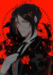 1boy black_hair black_jacket commentary_request emase_(foxmoon) gloves hand_on_own_chest jacket kuroshitsuji male_focus necktie parted_lips red_background red_eyes sebastian_michaelis shirt short_hair sidelocks solo upper_body white_gloves white_shirt