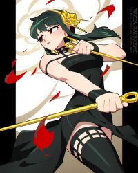1girl 333_(dqqqdle) artist_name black_dress dagger dress earrings gold_earrings gold_hairband hairband holding holding_dagger holding_knife holding_weapon jewelry knife looking_to_the_side patreon_username red_eyes red_petals sidelocks solo spy_x_family stiletto_(weapon) thighhighs weapon yor_briar