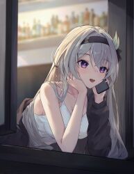 1girl absurdres bare_shoulders black_hairband black_jacket breasts camisole cellphone cleavage commentary english_commentary firefly_(honkai:_star_rail) grey_hair hair_between_eyes hair_intakes hair_ribbon hairband hands_on_own_chin hey_catia highres holding holding_phone honkai:_star_rail honkai_(series) jacket long_hair lying medium_breasts multicolored_eyes on_stomach open_mouth phone ribbon shirt sleeveless sleeveless_shirt smartphone smile talking_on_phone teeth two-tone_eyes upper_body upper_teeth_only white_camisole white_shirt window