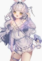 0_o_s_k 1girl :d animal_ears bag bare_shoulders blunt_bangs blush breasts cleavage collarbone commentary cowboy_shot dress grey_hair hand_up highres long_hair long_sleeves looking_at_viewer open_mouth original rabbit_ears shoulder_bag simple_background smile solo symbol-only_commentary thigh_strap white_background white_dress yellow_eyes