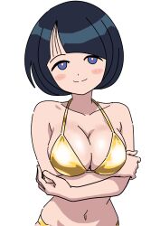 1girl absurdres arms_under_breasts bikini black_hair blue_eyes blush_stickers breasts bright_pupils closed_mouth collarbone commentary_request gold_bikini gundam gundam_gquuuuuux highres large_breasts looking_at_viewer navel riokasen shiiko_sugai short_hair simple_background smile solo split_mouth stomach swimsuit upper_body white_background white_pupils