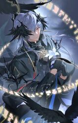 1boy arknights bird black_gloves chinese_text closed_mouth coat commission crow flower gloves grey_hair highres holding holding_flower lily_(flower) listencareful logos_(arknights) long_hair long_sleeves looking_at_viewer male_focus pointy_ears red_eyes solo white_flower