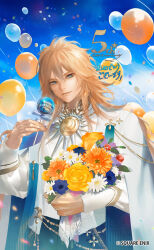 Rule 34 | 1boy, anniversary, balloon, black pants, blonde hair, blue bow, blue flower, blue scarf, blue sky, bouquet, bow, candy, cape, closed mouth, copyright notice, cowboy shot, crescent, cuffs, daisy (flower), earrings, flower, food, gerbera, gold trim, haruko (haruhello), highres, holding, holding bouquet, holding candy, holding food, holding lollipop, jacket, jewelry, lollipop, long hair, looking at viewer, male focus, mandarin collar, necklace, official art, orange flower, pants, protagonist (romancing saga 2), red flower, romancing saga 2, romancing saga re;universe, rose, saga, scarf, sky, smile, solo, stole, sun necklace, sun symbol, the final emperor, wallet chain, white cape, white flower, white jacket, yellow flower, yellow rose