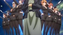 Rule 34 | 1boy, 6+girls, akaza chacha, amado yuuka, amaya haruko, animated, animated gif, black hair, blue eyes, blue hair, blush, breasts, brown hair, cleavage, cleavage cutout, clothing cutout, crossed arms, flat chest, glowing, glowing eyes, green eyes, grin, hand on own hip, hat, highres, huge breasts, japanese clothes, kimono, kushiya inaho, large breasts, maken-ki!, maken-ki! two, medium breasts, minaya uruchi, multiple girls, parody, planet, purple eyes, purple hair, red eyes, red hair, salute, satou kimi, scowl, shinatsu azuki, silver hair, smile, space, straight-arm salute, takaki furan, takami akio, usui kengo, xebec, yukata