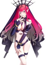 Rule 34 | 1girl, absurdres, adox442, baobhan sith (fate), baobhan sith (second ascension) (fate), black panties, blush, bracelet, breasts, detached sleeves, fate/grand order, fate (series), grey eyes, hand up, highres, jewelry, long hair, looking at viewer, panties, pink hair, pointy ears, revealing clothes, sidelocks, smile, solo, spiked bracelet, spikes, thigh strap, underwear, veil, white background
