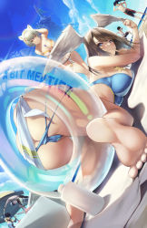 3boys 3girls adjusting_hair all_fours animal_ears ass asymmetrical_bangs beach beach_towel beach_umbrella bikini bikini_skirt black_hair black_male_swimwear black_one-piece_swimsuit black_swim_trunks blue_bikini blue_eyes blue_hair blue_sky breast_press breasts brown_bikini brown_hair butt_crack chest_jewel dab_(dance) day english_text eunie_(xenoblade) feathered_wings feet fiery_hair finger_to_mouth from_behind fusion_dance gainoob grey_hair grey_one-piece_swimsuit hand_on_own_hip head_wings highres innertube lanz_(xenoblade) large_breasts long_hair looking_at_viewer male_swimwear mio_(xenoblade) multicolored_bikini multiple_boys multiple_girls noah_(xenoblade) ocean one-piece_swimsuit ponytail sarong sena_(xenoblade) short_hair sideways signature sky smile soles swim_ring swim_trunks swimsuit taion_(xenoblade) thigh_strap thighs toes topless_male towel transparent_innertube two-tone_bikini umbrella white_bikini white_wings wings xenoblade_chronicles_(series) xenoblade_chronicles_3 yellow_eyes