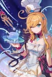 1girl absurdres blackxyfaf blonde_hair blue_eyes bow chef_hat commentary_request cowlick dress escoffier_(genshin_impact) fork_hair_ornament genshin_impact hat highres holding holding_plate long_hair one_eye_closed panties plate red_bow sitting smile solo underwear white_dress white_hat white_panties white_wrist_cuffs wrist_cuffs