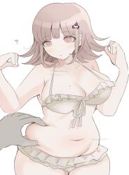 1girl ? blush breasts brown_hair cleavage collarbone cowboy_shot danganronpa_(series) danganronpa_2:_goodbye_despair flipped_hair galaga hair_ornament hands_up ikemen&#039;na_ore-shi large_breasts looking_down medium_hair mole mole_on_breast nanami_chiaki pink_eyes simple_background solo_focus spaceship_hair_ornament white_background