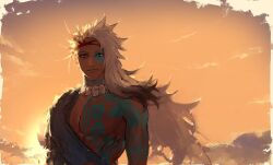 Rule 34 | 1boy, asymmetrical hair, blonde hair, blue tattoo, chest tattoo, cloud, dark-skinned male, dark skin, day, facial tattoo, fate/grand order, fate (series), headband, highres, jewelry, long hair, looking at viewer, magatama, magatama necklace, male focus, multicolored hair, neck tattoo, necklace, orange sky, outdoors, red headband, savamisooon, sky, solo, split-color hair, sunset, tattoo, umisachi-hiko (fate), upper body, white hair