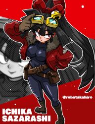 1girl artist_name bell belt belt_pouch black_bodysuit black_hair bodysuit boots breasts brown_gloves commentary fur-trimmed_collar fur_trim gloves goggles goggles_on_head hair_bell hair_ornament high_ponytail highres igami_ichika jacket jingle_bell long_hair parted_bangs ponytail pouch red_jacket solo standing susume!_ashitabara_gakuen wanta_(futoshi) zoom_layer