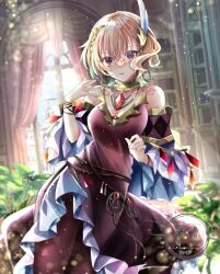 Rule 34 | 1girl, bare shoulders, blonde hair, breasts, brown dress, citrinne (fire emblem), dress, earrings, feathers, fire emblem, fire emblem engage, gold choker, gold trim, hair ornament, hoop earrings, jewelry, leather wrist straps, medium breasts, mismatched earrings, nintendo, red eyes, wing hair ornament, yuyu (spika)
