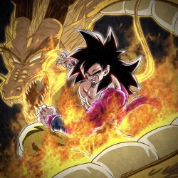 1boy absurdres black_hair blue_sash body_fur clenched_hands dougi dragon dragon_ball dragon_ball_gt dragon_fist_(dragon_ball) eastern_dragon gold_skin highres incoming_attack long_hair male_focus monkey_boy monkey_tail muscular muscular_male no_nipples noir_illust open_mouth pants pectorals red_fur saiyan sash solo son_goku spiked_hair super_saiyan super_saiyan_4 tail teeth wristband yellow_eyes yellow_pants yellow_scales
