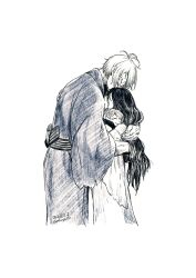 1girl 2boys aoharuto closed_eyes commentary_request family father_and_son gegege_no_kitarou highres hug husband_and_wife iwako_(gegege_no_kitarou) japanese_clothes kimono kitarou medama_oyaji medama_oyaji_(human) mother_and_son multiple_boys simple_background smile