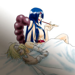 00s 1boy 1girl adiane aftersex bandages blue_hair kiseru long_hair smoking_pipe ruined_for_marriage smoking tattoo tears tengen_toppa_gurren_lagann viral_(ttgl)
