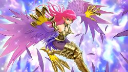 1girl absurdres armband armor bare_shoulders bikini_armor breasts claw_(weapon) claws cleavage cleavage_cutout clothing_cutout collarbone collared_halterneck duel_monster feathered_wings feathers flying gradient_hair green_eyes halterneck harpie_lady harpy highres large_breasts long_eyebrows long_hair looking_at_viewer monster_girl multicolored_hair naughty_face needle nhociory pink_hair purple_feathers solo sparkle spikes tail weapon wings yu-gi-oh!