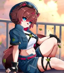 1girl animal_ears arm_support bandaid bandaid_on_face bandaid_on_nose belt belt_buckle black_gloves black_nails black_shorts blue_eyes blue_jacket blue_overskirt blurry blurry_background breast_pocket brown_hair buckle chest_strap cloud cloudy_sky colored_tips commentary_request cropped_jacket cropped_shirt dusk falling_leaves fingerless_gloves gloves goggles goggles_on_head hair_between_eyes hand_on_own_knee handrail head_tilt highres indie_virtual_youtuber jacket knee_up leaf leaf_brooch looking_at_viewer midriff multicolored_hair multiple_thigh_straps navel open_clothes open_jacket outdoors pink_belt pocket raccoon_ears raccoon_girl raccoon_tail rakkun_sutaru red_hair shirt short_hair short_sleeves shorts shorts_under_skirt sitting skirt_pocket sky slash-ex sleeveless sleeveless_shirt smile smirk solo spanish_commentary stomach tail turtleneck turtleneck_jacket two-tone_hair virtual_youtuber white_shirt