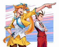 1boy 1girl ace_attorney antenna_hair apollo_justice athena_cykes black_gloves blue_bow blue_eyes blue_hairband blue_necktie bow bow_hairband brown_eyes brown_hair closed_mouth collared_shirt commentary_request crescent crescent_earrings cropped_jacket crossed_arms dated earrings eyelashes from_side gloves hair_between_eyes hair_bow hairband hand_on_own_hip jacket jewelry long_hair looking_to_the_side necklace necktie open_clothes open_jacket open_mouth orange_hair outline pants partially_fingerless_gloves pointing red_pants red_vest shirt short_hair side_ponytail single_glove skirt skyloop19 smile teeth upper_teeth_only very_long_hair vest white_outline white_shirt yellow_jacket yellow_skirt