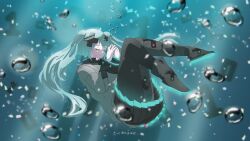 1girl absurdres aqua_eyes aqua_hair aqua_nails bandaid bandaid_on_leg batsu_miku black_boots black_skirt boots closed_eyes closed_mouth crossed_bandaids grey_jacket hair_between_eyes hair_ornament hatsune_miku highres jacket kowareta_sekai_to_utaenai_miku long_hair long_sleeves miniskirt pleated_skirt project_sekai skirt solo turtleneck turtleneck_jacket twintails underwater very_long_hair vocaloid wide_sleeves x_hair_ornament zjep5858