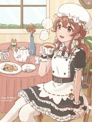 1girl apron black_dress blush bow bowtie brown_eyes brown_hair bush chair commentary_request cookie cup dated dress dress_bow flower food frilled_dress frilled_wrist_cuffs frills hand_up happy_birthday hat highres holding holding_cup idolmaster idolmaster_shiny_colors indoors kettle komiya_kaho komoro7857 layered_dress long_hair looking_up low_twintails maid mob_cap open_mouth orange_ribbon paw_print plate polka_dot polka_dot_bow polka_dot_bowtie puff_of_air puffy_short_sleeves puffy_sleeves ribbon short_sleeves sitting sky spoon stuffed_animal stuffed_dog stuffed_toy table tea teacup twintails vase white_apron white_bow white_bowtie white_hat white_ribbon window wrist_cuffs