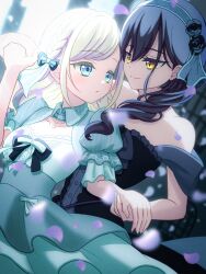 2girls bare_shoulders black_bow black_dress black_flower black_hair black_hairband black_rose blue_bow blue_shrug blue_skirt bow braid ceras_yanagida_lilienfeld closed_mouth collared_shrug commentary_request cowboy_shot dancing dress drill_hair edel_note expressionless falling_petals flower flower_hairband frilled_sleeves frills grey_hair hair_bow hair_over_shoulder hairband highres izayoi_selene katsuragi_izumi link!_like!_love_live! long_hair love_live! multiple_girls nanase_itsuki off-shoulder_dress off_shoulder official_alternate_costume petals pink_petals puffy_short_sleeves puffy_sleeves rose shirt short_sleeves shrug_(clothing) side_braid single_drill skirt sleeveless sleeveless_shirt smile split_mouth taking_another&#039;s_hand virtual_youtuber waltz_(dance) white_shirt