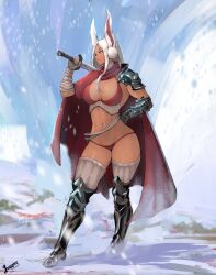 1girl abs absurdres alternate_costume animal_ears arm_wrap armor armored_boots artist_name bikini bikini_armor boku_no_hero_academia boots breasts cape commentary contrapposto dark-skinned_female dark_skin english_commentary gauntlets gloves greaves hand_on_own_hip hand_up highres juggler_(sun_juggler) large_breasts long_eyelashes long_hair looking_at_viewer looking_to_the_side mirko navel outdoors over_shoulder parted_bangs parted_lips pauldrons rabbit_ears rabbit_girl red_bikini red_cape red_eyes red_scarf scabbard scarf sheath shoulder_armor single_gauntlet single_pauldron snow solo stomach swimsuit sword sword_over_shoulder thick_thighs thigh_boots thighhighs thighhighs_under_boots thighs toned toned_female weapon weapon_over_shoulder white_hair white_thighhighs
