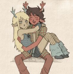 1boy 1girl :d ^_^ aged_down animal_ears antlers arms_around_neck arms_around_waist bare_shoulders black_nails blonde_hair blue_arm_warmers blue_bow blue_eyes blue_leg_warmers blue_shirt blue_shorts bow breasts brown_hair brown_pants carol_holiday closed_eyes commentary deer_ears deltarune denim denim_shorts english_commentary fishnet_socks fishnets furry furry_female furry_male highres hooves horns jacket leg_warmers long_hair medium_hair open_clothes open_jacket open_mouth pants plaid_clothes plaid_jacket reindeer_antlers reindeer_boy reindeer_girl rudolph_holiday shirt shorts sitting sitting_on_person small_breasts smile socks szivarvanyturmix02