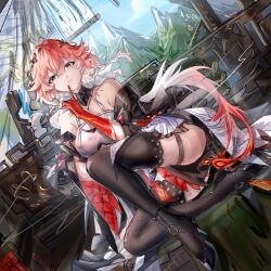 1girl bare_shoulders black_thighhighs breasts changli_(wuthering_waves) cleavage day dress dutch_angle earrings elbow_gloves finger_to_mouth gloves hair_between_eyes hair_ornament high_heels jewelry large_breasts long_hair looking_at_viewer minian(kurobbs) multicolored_hair outdoors pink_hair red_hair sitting smile solo thighhighs white_dress wuthering_waves yellow_eyes