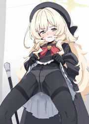 1girl beret black_gloves black_hat black_jacket black_pantyhose black_sailor_collar black_shirt black_skirt blonde_hair blue_archive blush bow bow_panties bowlegged_pose clothes_lift commentary covered_navel donutman embarrassed feet_out_of_frame frilled_skirt frills furrowed_brow gloves green_eyes hair_between_eyes half-closed_eyes halo hat highres jacket large_bow lifting_own_clothes loli long_hair long_sleeves looking_down paid_reward_available panties panties_under_pantyhose pantyhose parted_lips petite professor_niyaniya_(blue_archive) red_bow sailor_collar sailor_shirt shirt skirt skirt_lift solo spread_legs sweatdrop teeth thighband_pantyhose thighs underwear variant_set very_long_hair wavy_hair white_panties yellow_halo