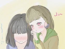 Rule 34 | 2girls, bairasu 02, blowing, blowing in ear, blunt bangs, blunt ends, blush, bob cut, bow, braid, brown hair, center-flap bangs, collarbone, commentary, hair bow, highres, hood, hoodie, kachimachi kosuzu, kachimachi kosuzu (summer loungewear), link! like! love live!, long sleeves, love live!, momose ginko, momose ginko (summer loungewear), multiple girls, no eyes, official alternate costume, purple eyes, raised inner eyebrows, short hair, side braids, simple background, upper body, virtual youtuber, yellow background, yellow hoodie, yuri