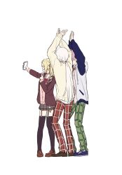 1girl 2boys absurdres arms_up bad_tag black_thighhighs blazer blonde_hair blue_sleeves bow bowtie cardigan cellphone full_body garter_straps genderswap genderswap_(ftm) green_pants grey_hoodie highres holding holding_phone hood hood_down hoodie hoshikawa_sara hoshikawa_sara_(4th_costume) jacket loafers long_hair low_ponytail miniskirt multiple_boys nijisanji pants phone pink_cardigan pink_hair plaid_clothes plaid_pants plaid_skirt pleated_skirt po_(po_495) ponytail red_jacket red_pants sasaki_saku sasaki_saku_(1st_costume) shiina_shii shiina_yuika shiina_yuika_(1st_costume) shoes short_hair simple_background skirt smartphone sneakers standing taking_picture thighhighs twintails virtual_youtuber white_background white_hair yellow_cardigan